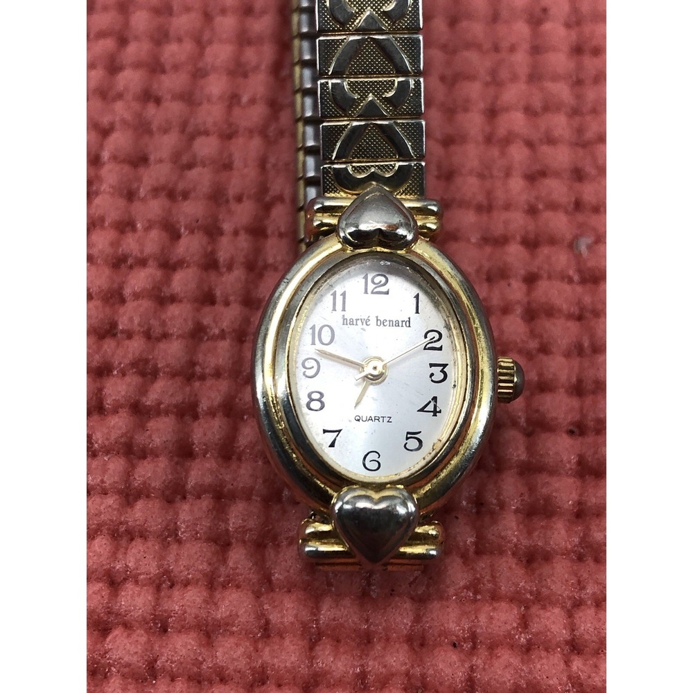 Vtg Harve Benard Womens Wristwatch Gold Tone Heart Stretch Band - Needs Battery